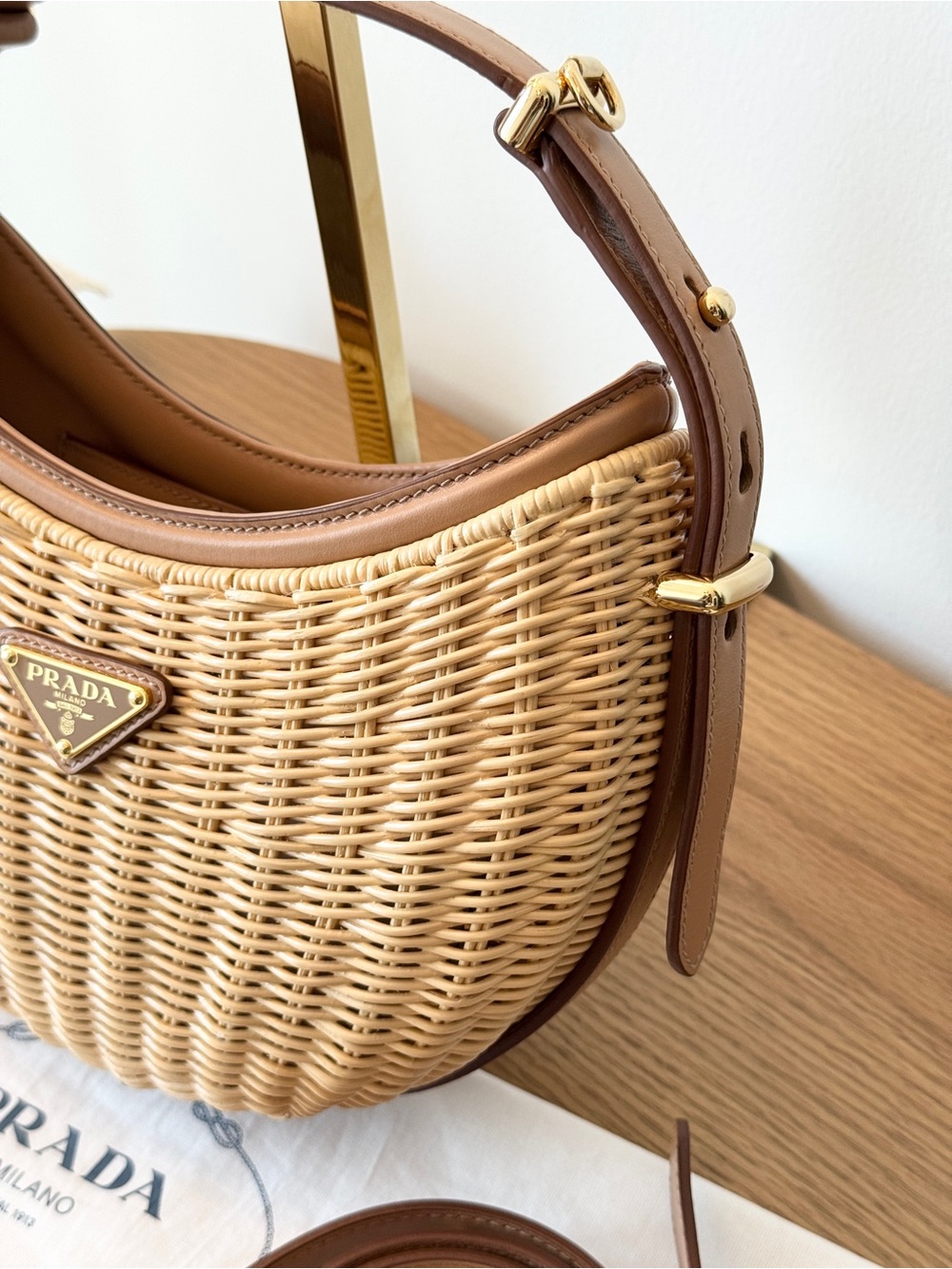 PRADA Wicker and Leather Arqué Top Handle Bag - Picture 5 of 16